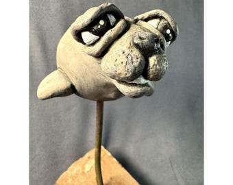Handmade Clay Manatee Sculpture – Folk Art Sea Cow on Brick Base