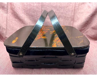 Woven Wood Sewing and Storage Basket Asian Inspired Floral Lid Red Lining