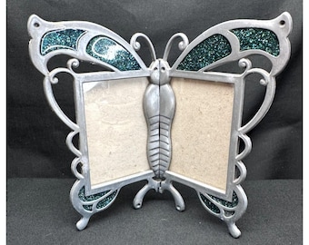 Vinatge Butterfly Hinged Double Picture Frame Pewter Tone w Teal Glitter Inlay