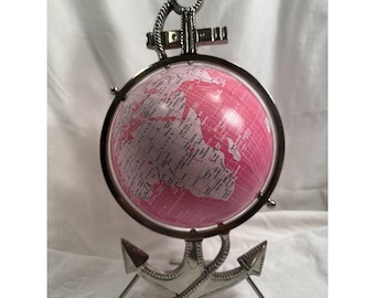 17" Pink World Globe Silver Anchor Stand Glam Girl Coastal Feminine Office Decor