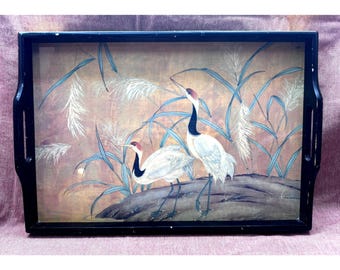 Vintage Wood Serving Tray with Red Crown Cranes Asian Decor Taiwan 17X12