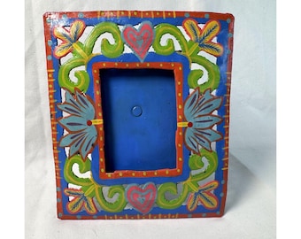 Vintage Haitian Folk Art Metal Frame, Hand-Painted Caribbean Decor, Signed Eddy Haiti