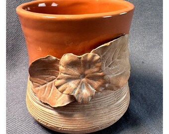 Signed Studio Pottery Mug Floral Leaf Peachy Terracotta Handmade Ceramic Cup