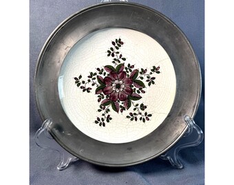 Vintage Italian Floral Pottery Plate with Pewter Rim (10 Inch)
