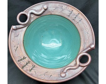 Vintage Studio Pottery Bowl Mountain Pine Trees Teal Glaze Artist Signed 10"