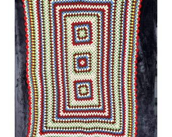 Vintage 1970s Crochet Granny Square Blanket Boho Retro Throw Colorful Cottagecore Decor