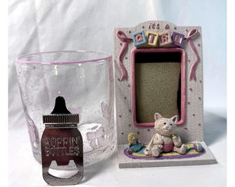 Baby Girl Gift Set, Pink Glass Cup, Bottle Opener, Photo Frame, Vintage Style