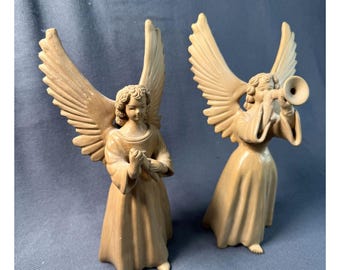 Vintage Terracotta Angel Figurines: Trumpet & Scroll Pair, Rustic Farmhouse Decor