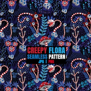Peut inclure: Un motif sans couture sur fond bleu foncé avec des tiges rayées rouge et blanc, des fleurs rouges et des yeux bleus. Le texte "Creepy Flora Seamless Pattern JPG | PNG" est au centre de l'image.