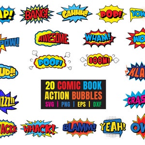 Bundle of 20 Comic Action Bubbles and 10 papers, Comic Cartoon Style, Comic Balloon Bubble Art svg, Comic Book clipart svg eps png dxf print