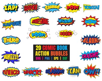 Op de afbeelding: Een set van 20 kleurrijke stripboek-stijl spraakballonnen met verschillende zinnen zoals "Zap!" "Bang!" "Kapow!" "Wham!" "Boom!" "Crash!" en "Pow!" De tekst "20 Comic Book Action Bubbles" staat in het midden van de afbeelding.