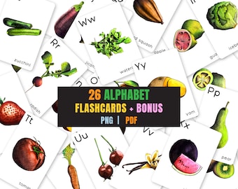 Watercolor Fruit Alphabet Flashcards: Homeschool Learning (PNG, PDF)