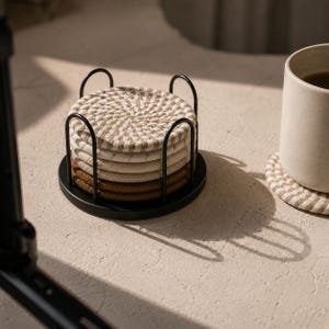 Woven Cotton Rope Coasters Set Of 8 | Boho Absorbent Drink Coaster With Metal Holder | Neutral Macrame Cup Mats For Coffee Table & Desk