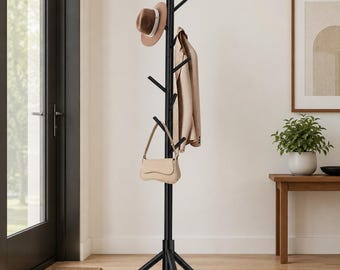 Modern Wood Freestanding Coat Rack With 8 Hooks | Black Standing Corner Hat Stand | Entryway Organizer | Adjustable Tree Coat Racks