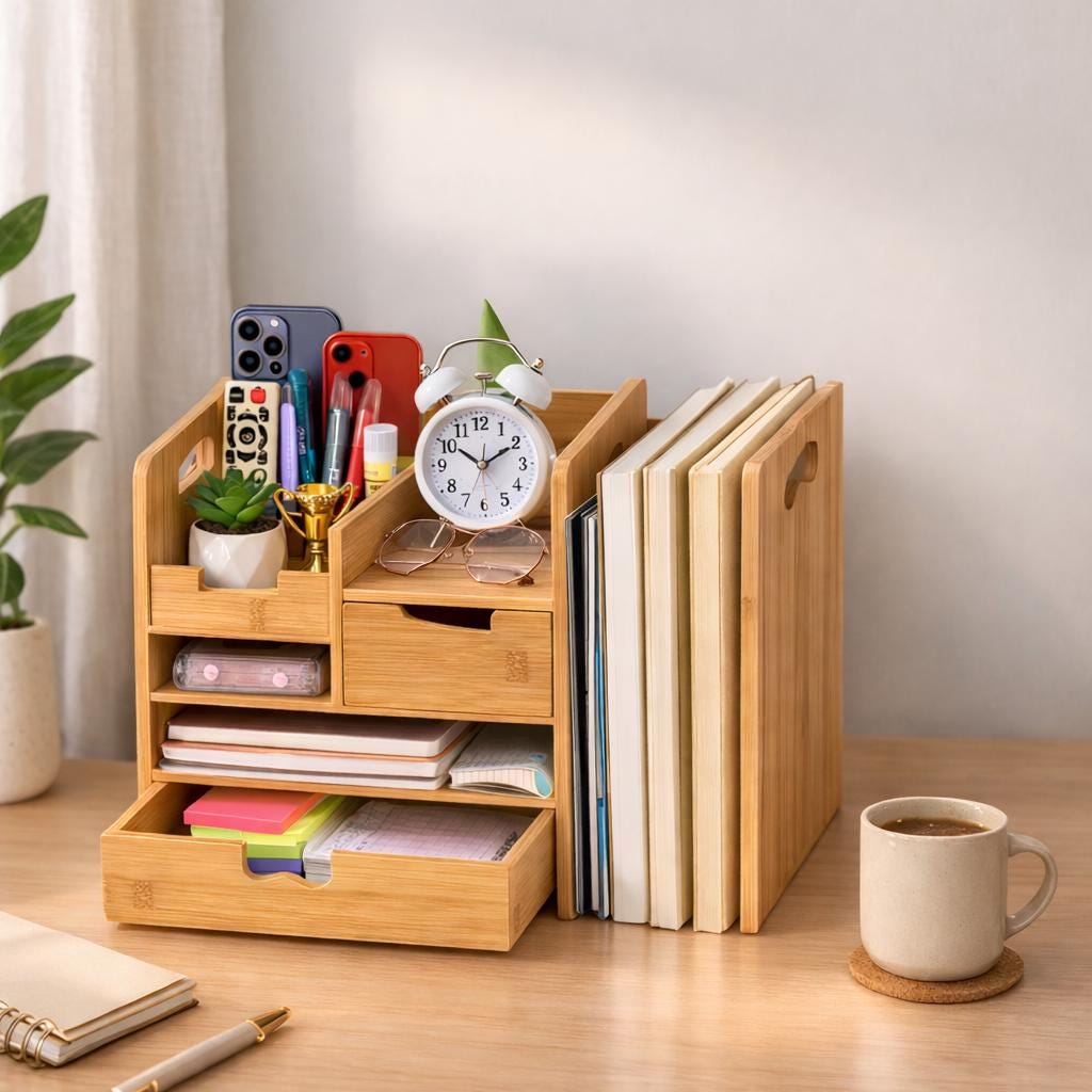 Bamboo Desk Organizer With Drawer, 4 Tier Desktop Organizer, Adjustable ...