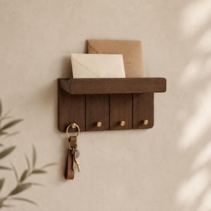 May include: A dark brown wooden wall-mounted organizer featuring a flat top shelf for mail and four small brass-colored metal hooks. One hook holds a leather keychain with metal keys. The unit has a vertical plank design with a smooth finish.