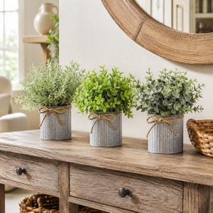 Faux Plants in Galvanized Metal Pots Set of 3 | Artificial Eucalyptus | Fake Potted Plants | Kitchen Countertop Decor | Rustic Plant Pots