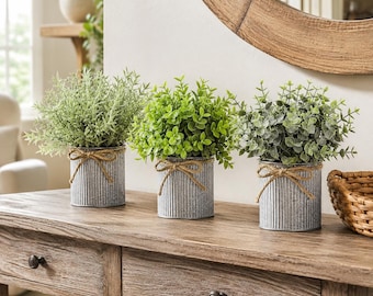 Faux Plants in Galvanized Metal Pots Set of 3 | Artificial Eucalyptus | Fake Potted Plants | Kitchen Countertop Decor | Rustic Plant Pots