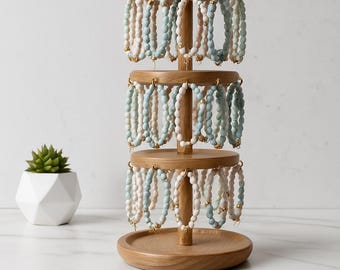 3-Tier Wooden Rotating Bracelet Display Tree with Sign Holder, 36 Hooks Jewelry & Keychain Stand