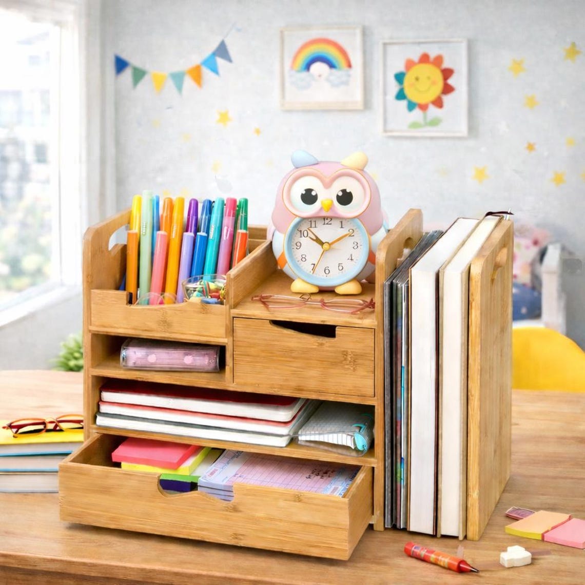 Bamboo Desk Organizer With Drawer, 4 Tier Desktop Organizer, Adjustable ...