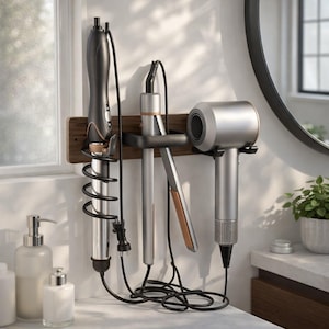 May include: A wooden wall-mounted organizer holds a curling iron, a flat iron, and a hairdryer. The curling iron is black and silver with a spiral cord. The flat iron is silver and copper. The hairdryer is silver and has a black handle.