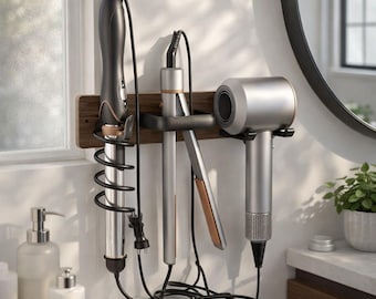 3-in-1 Hair Tool Holder Wall Mount, Walnut Wood and Matte Black Dryer, Curling and Flat Iron Organizer Bathroom Storage Rack