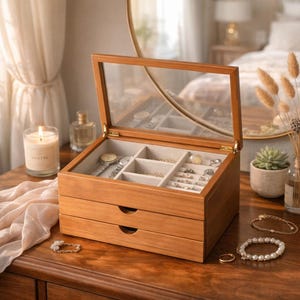 May include: A wooden jewelry box with a clear glass top and two drawers. The box is open, revealing compartments filled with jewelry, including watches, necklaces, and rings. A lit candle and a small succulent plant are visible in the background.