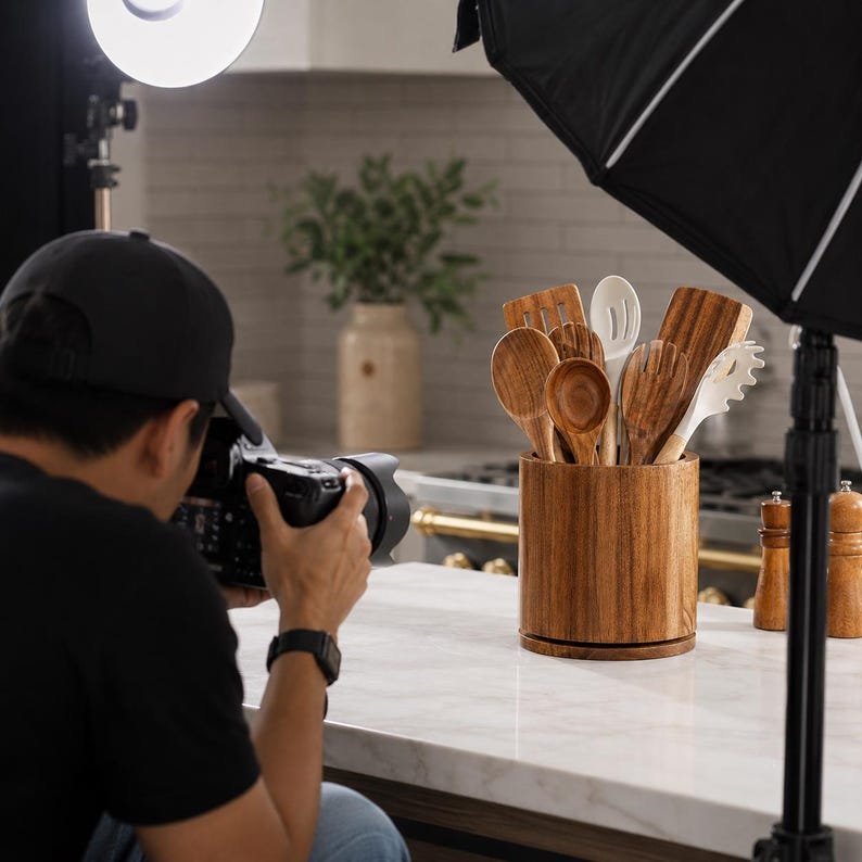 May include: A cylindrical wooden utensil holder containing a collection of kitchen tools, including several wooden spoons, a wooden spatula, and white silicone utensils, arranged upright on a white marble countertop surface.