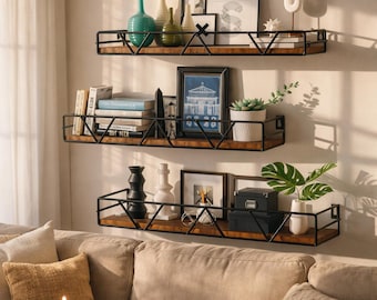 Floating Wall Shelves Set of 3 Black Wood Farmhouse Shelves for Bedroom ,Living Room, Kitchen, Bathroom and  Office Decor Storage