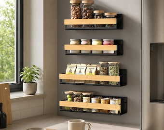 4 Pack Bamboo Magnetic Spice Rack for Refrigerator, Modern Refrigerator Shelves, Kitchen Storage Rack for Spices & Seasonings
