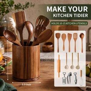 May include: A cylindrical dark wood utensil holder measuring 7.3 inches in height and 5.9 inches in width, filled with various wooden kitchen tools. Text on the image reads: MAKE YOUR KITCHEN TIDIER and HOLDS 10-15 KITCHEN UTENSILS.