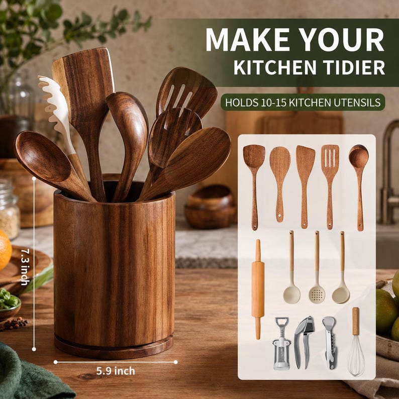 May include: A cylindrical dark wood utensil holder measuring 7.3 inches in height and 5.9 inches in width, filled with various wooden kitchen tools. Text on the image reads: MAKE YOUR KITCHEN TIDIER and HOLDS 10-15 KITCHEN UTENSILS.