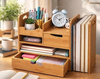 Bamboo Desk Organizer with Drawer, 4 Tier Desktop Organizer, Adjustable File Holder,  Office Desk Storage, Home Office Desk Accessories