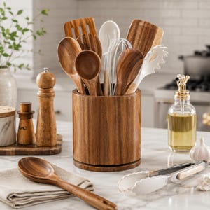 May include: A cylindrical wooden utensil holder containing a collection of kitchen tools, including wooden spoons, spatulas, a white silicone whisk, a white silicone pasta server, and a white silicone spoon, with a wooden spoon resting on a cloth.