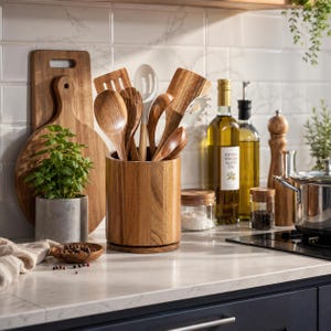 May include: A cylindrical wooden utensil holder containing various wooden spoons, spatulas, and a white slotted spoon. The holder sits on a countertop next to a small wooden bowl of peppercorns, a potted basil plant, and glass bottles of oil.