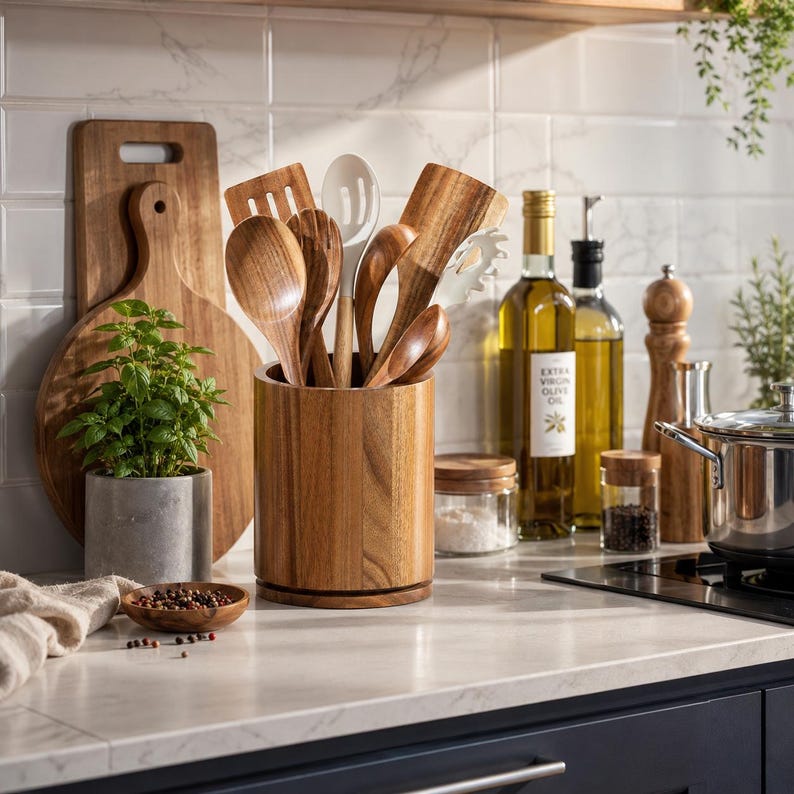 May include: A cylindrical wooden utensil holder containing various wooden spoons, spatulas, and a white slotted spoon. The holder sits on a countertop next to a small wooden bowl of peppercorns, a potted basil plant, and glass bottles of oil.