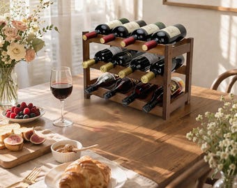 3-Tier Bamboo Wine Rack – 12 Bottle Freestanding Walnut Shelf for Kitchen, Dining Room, Bar & Countertop Storage Organizer