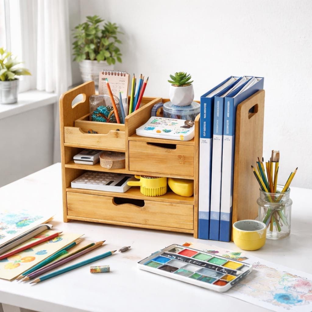 Bamboo Desk Organizer With Drawer, 4 Tier Desktop Organizer, Adjustable ...