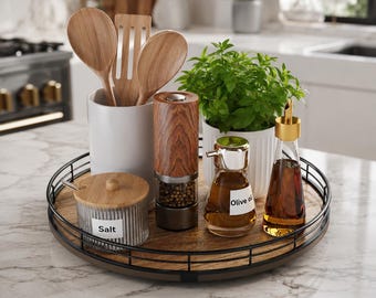 Acacia Wood Lazy Susan | Turntable Kitchen Counter Organizer | Round Wooden Spice Rack | Condiment Tray with Black Metal Guard Rail