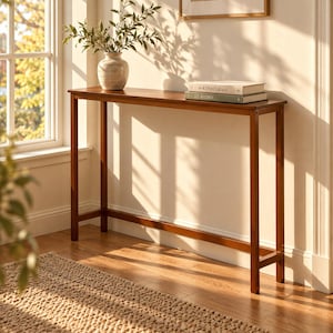 May include: A tall, narrow wooden console table with a rectangular top and four straight legs. On the surface sits a textured ceramic vase containing green leafy branches and two stacked books titled The Kinfolk and At Home.