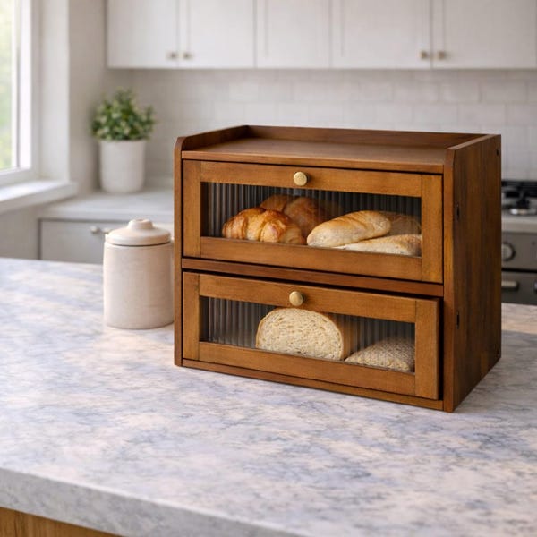 Wooden Bread Box for Kitchen Countertop, 2 Layer Bread Storage Container with Acrylic Window, Vintage Farmhouse Breadbox Organizer