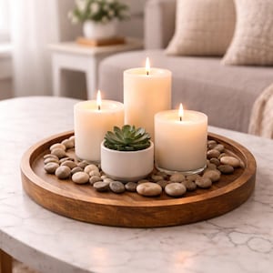 May include: A wooden tray holds three lit ivory pillar candles, a small potted succulent, and smooth river stones. The arrangement sits on a marble-topped table, creating a warm and inviting centerpiece for home decor.