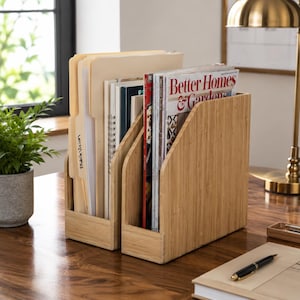 2 Pack Bamboo File Organizer | Vertical Desktop Document Organizer | Magazine Holder Rack | Modern Office Desk Decor | Book & Folder Sorter