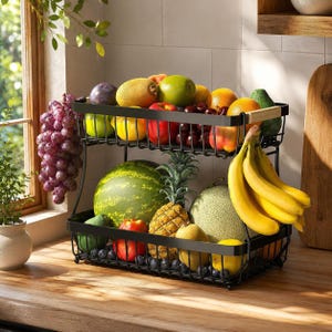May include: A two-tier black metal wire fruit basket with a light wood handle, filled with a variety of fresh produce including a large watermelon, a bunch of yellow bananas, red apples, green grapes, a pineapple, and various citrus fruits.