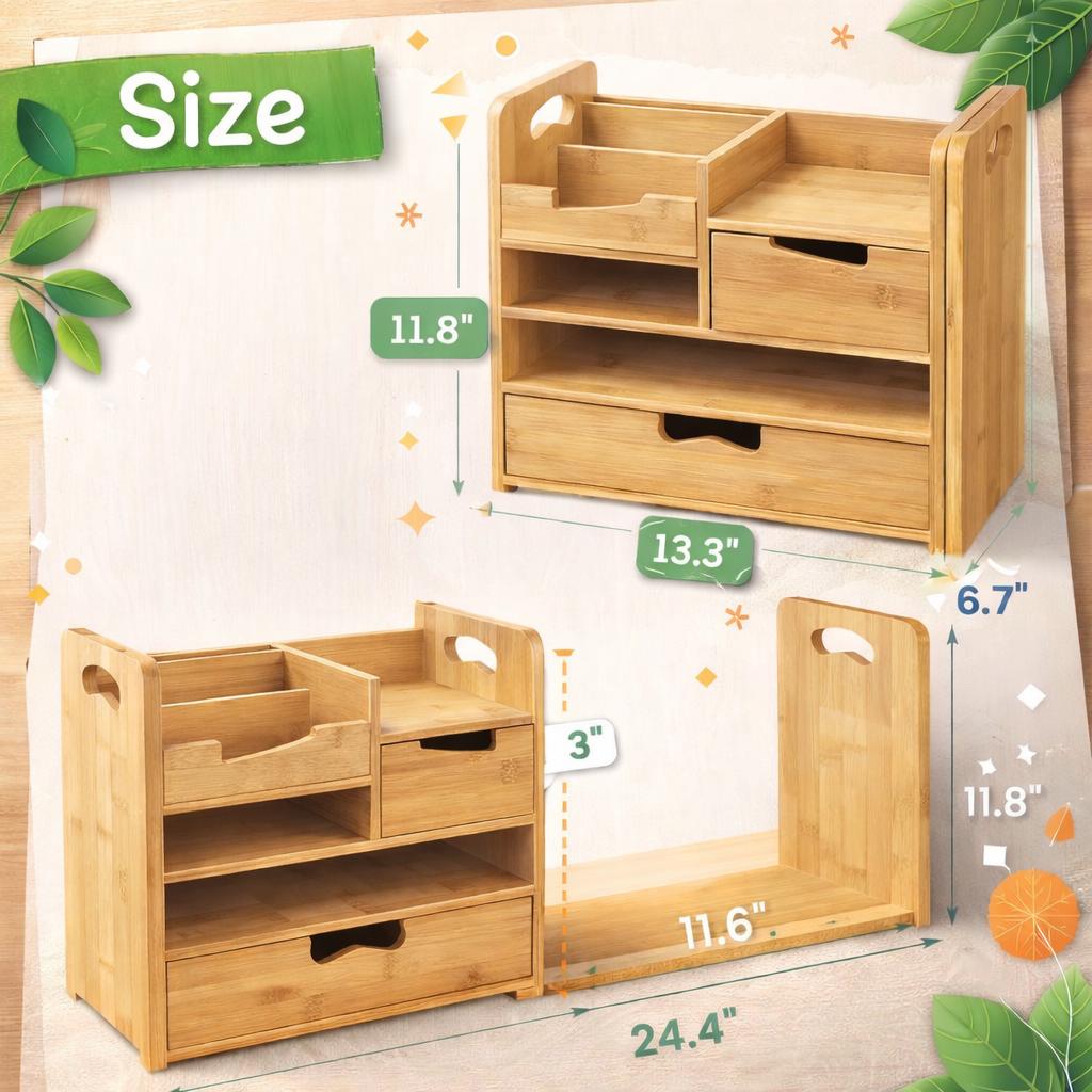 Bamboo Desk Organizer With Drawer, 4 Tier Desktop Organizer, Adjustable ...