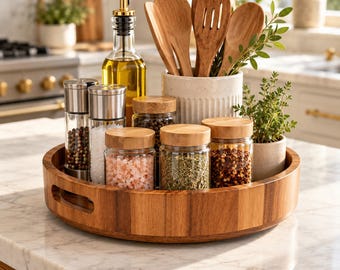 Acacia Wood Lazy Susan Countertop Organizer | Rotating Turntable Tray With Handles | Cabinet Organizer | Kitchen Organizer | Pantry Storage