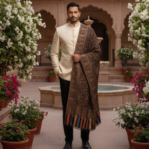 May include: A man wearing a cream-colored jacket with a mandarin collar and black pants. He is draped with a brown shawl featuring an intricate pattern and colorful border. The setting is an outdoor courtyard with flowering plants.