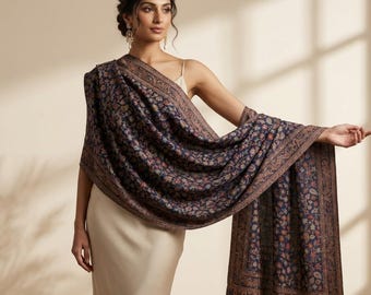 Navy Blue Wool Kani Weave Shawl, Indian Floral Scarf Coat Alternative