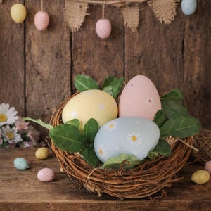 May include: A rustic Easter display featuring a woven nest holding three decorated eggs in pastel yellow, pink, and blue, adorned with white daisy patterns. The nest is surrounded by green leaves, with additional eggs scattered on a wooden surface.