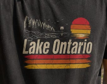 Lake Ontario Shirt, Vintage Great Lakes Tee, Comfort Color Shirt, Retro Sunset Lake Design, Ontario Cabin Shirt, Nature Lover Gift